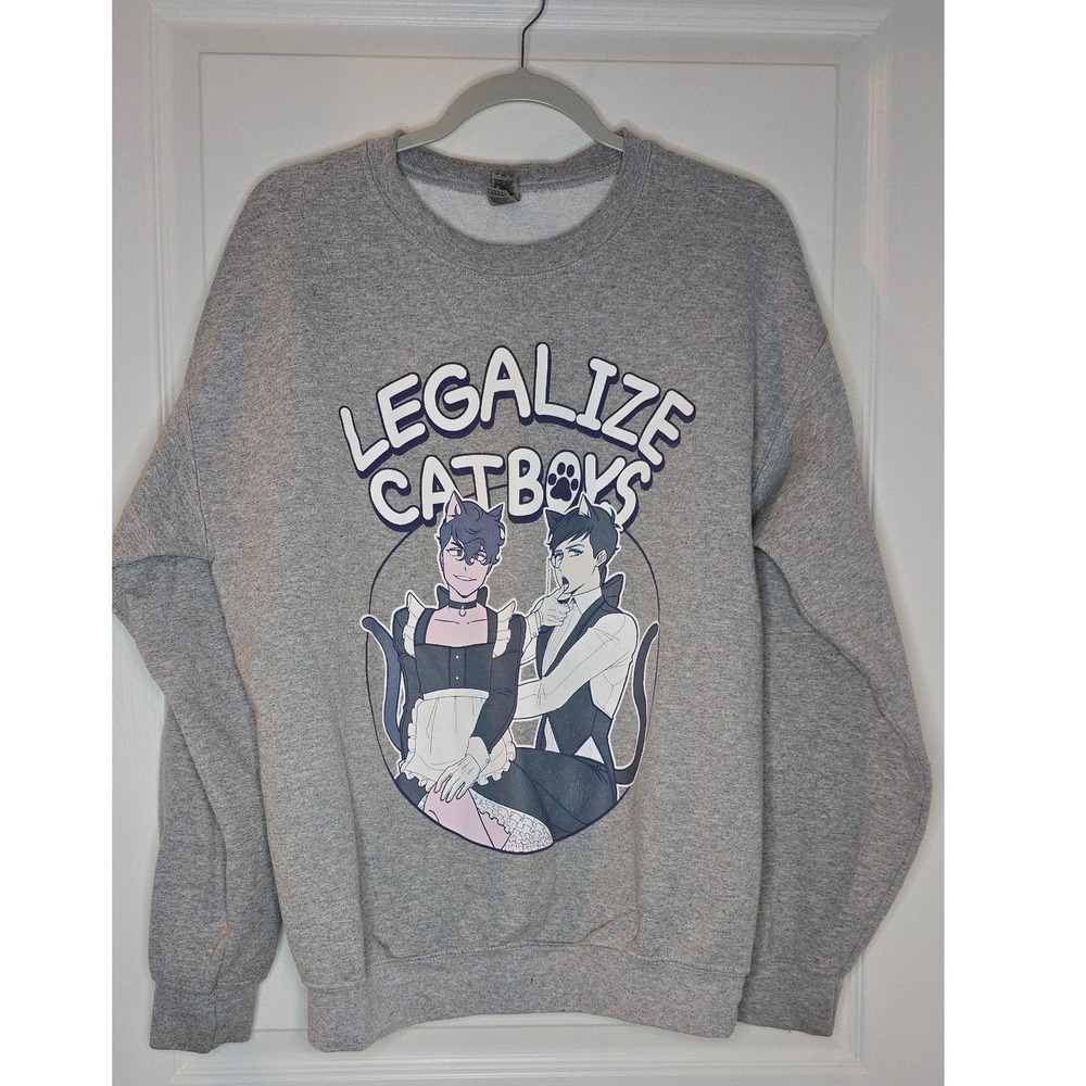 Gildan Heavy Blend Legalize Catboys Graphic Sweatshirt Gray Medium